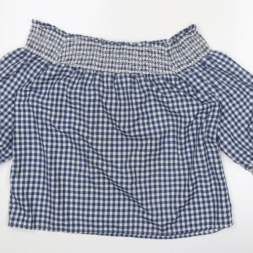 Boohoo Womens Blue Check Polyester Basic Blouse Size 10 Off the Shoulder