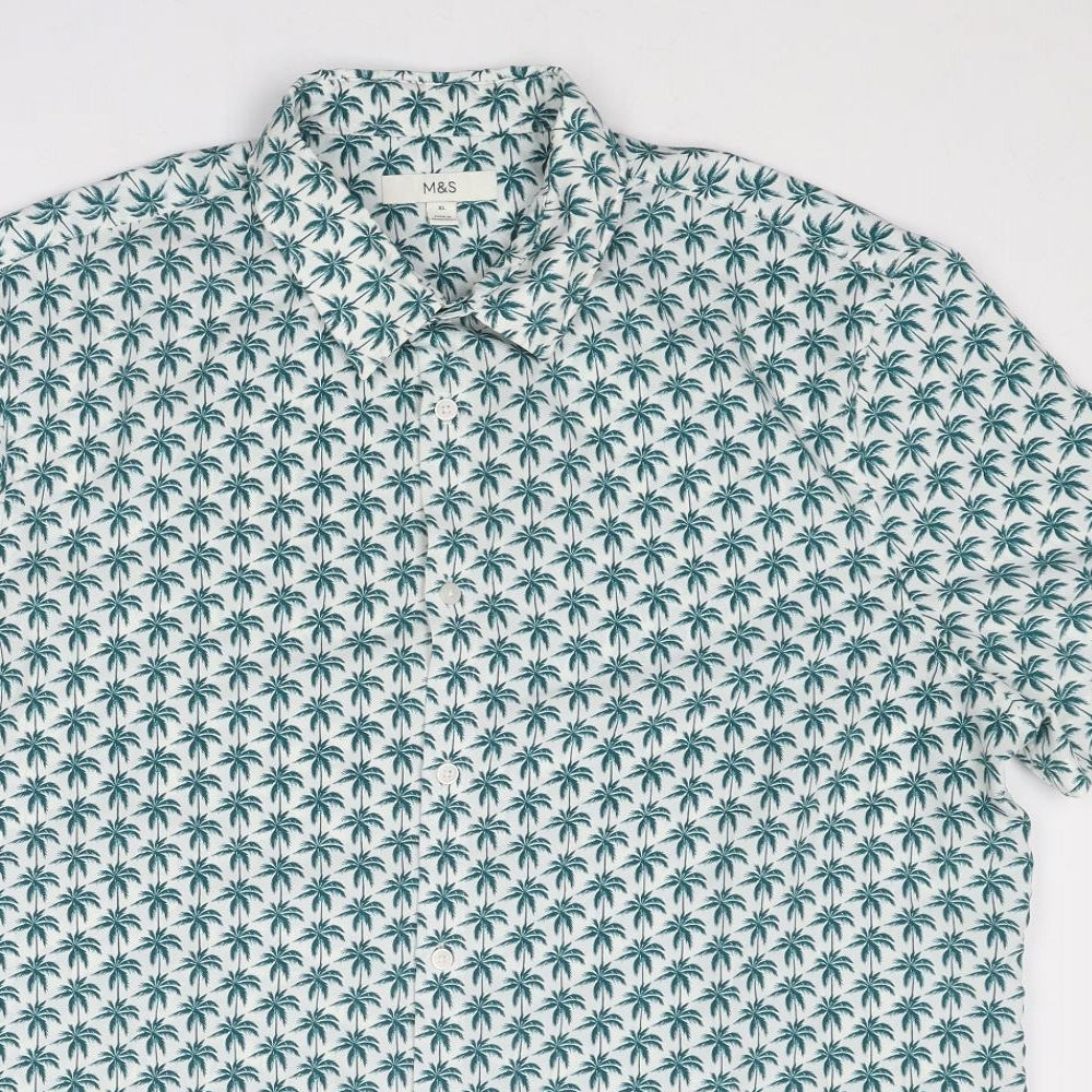 Marks and Spencer Mens Blue Geometric Polyester Button-Up Size XL Collared Button - Palm Tree Print