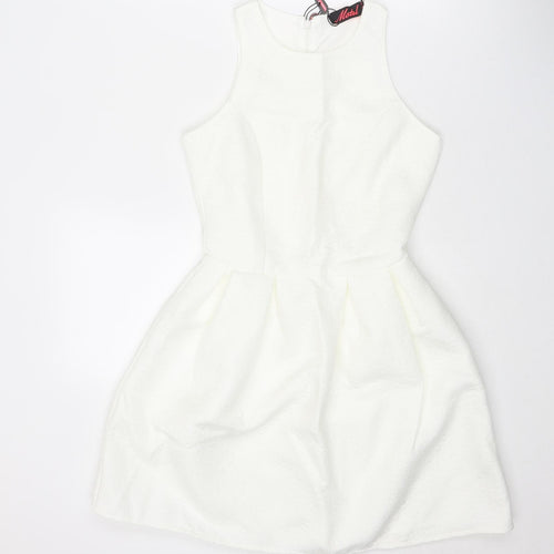 Motel Womens White Polyester Fit & Flare Size XS Round Neck Zip