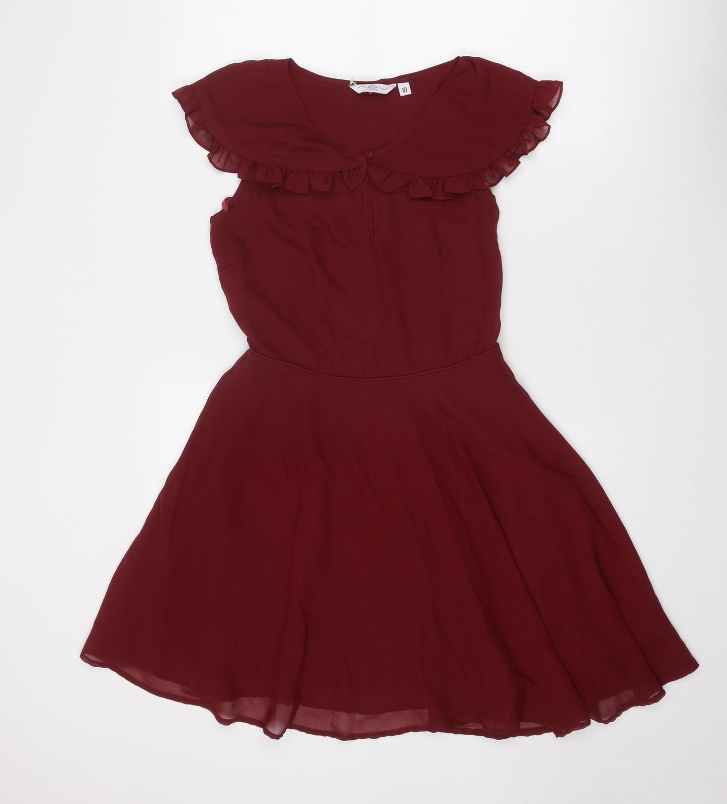 New Look Womens Red Polyester Fit & Flare Size 10 V-Neck Button