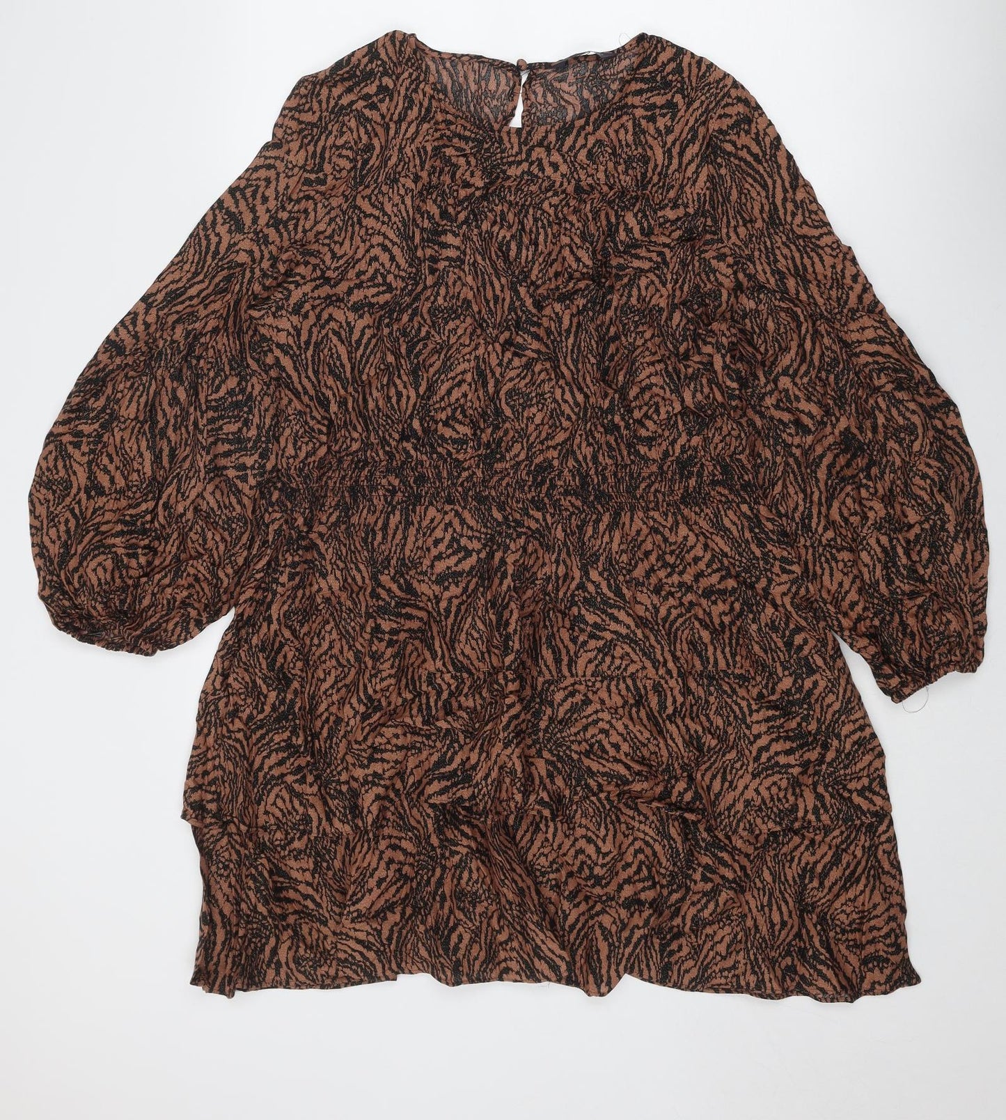 Marks and Spencer Womens Brown Animal Print Viscose A-Line Size 18 Round Neck Button - Tiger pattern