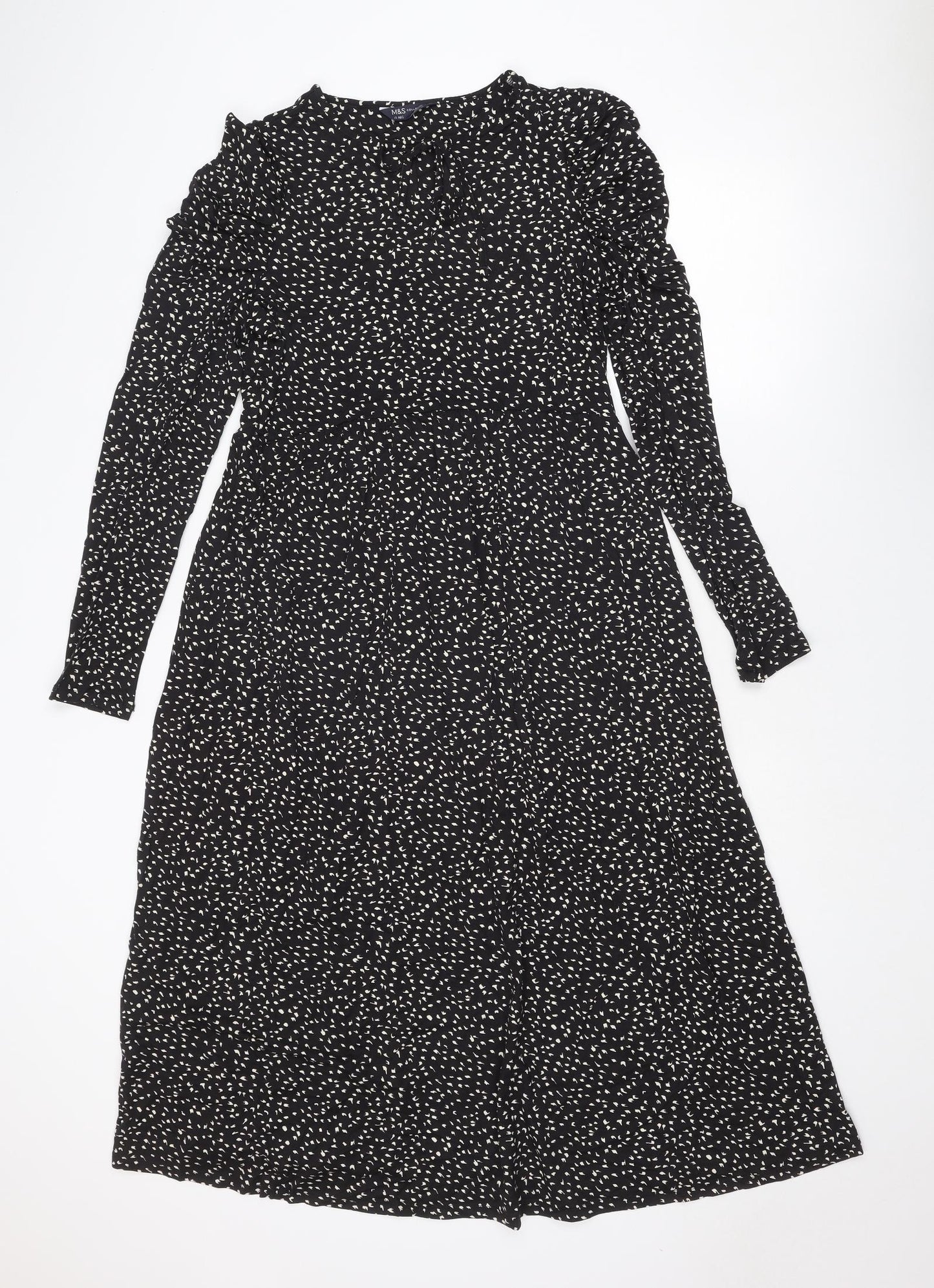 Marks and Spencer Womens Black Geometric Viscose Trapeze & Swing Size 12 Round Neck Tie