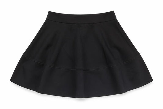 Front view of H&M women’s black polyester swing skirt, size UK 6, zip
