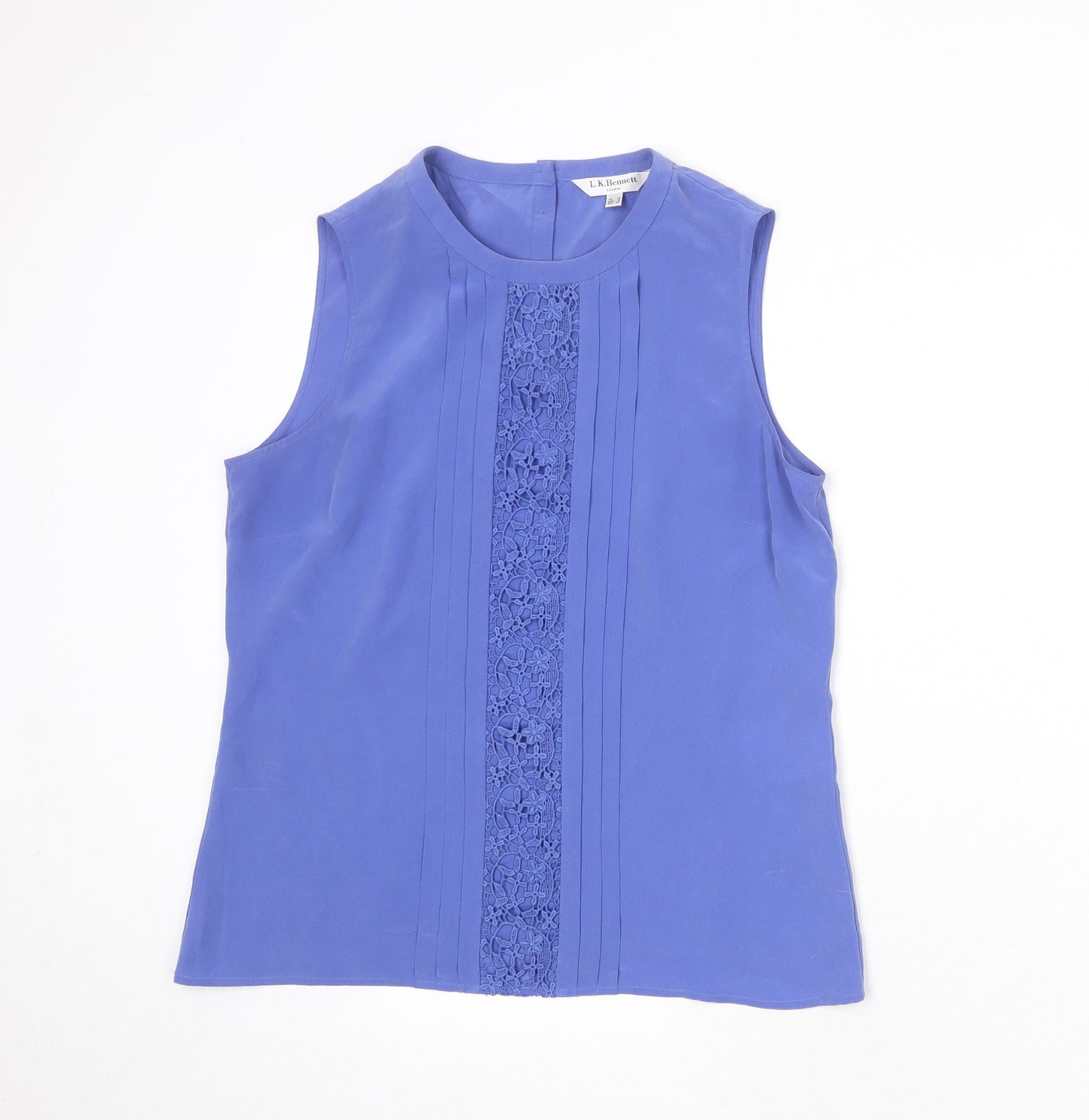 L.K. Bennett Womens Blue Silk Basic Blouse Size 12 Round Neck - Pleat Front Detail