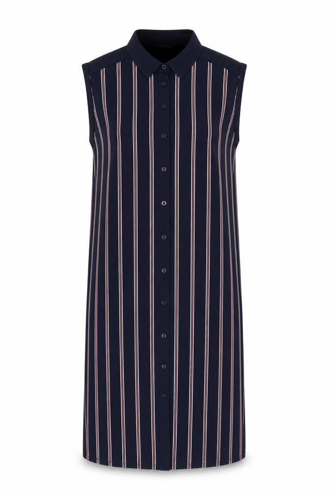 Front view of Oasis women’s blue striped polyester tank dress, size XS, collared button