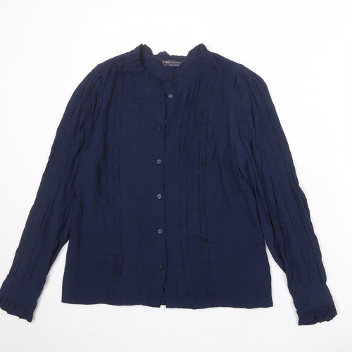 Marks and Spencer Womens Blue Viscose Basic Button-Up Size 10 Round Neck