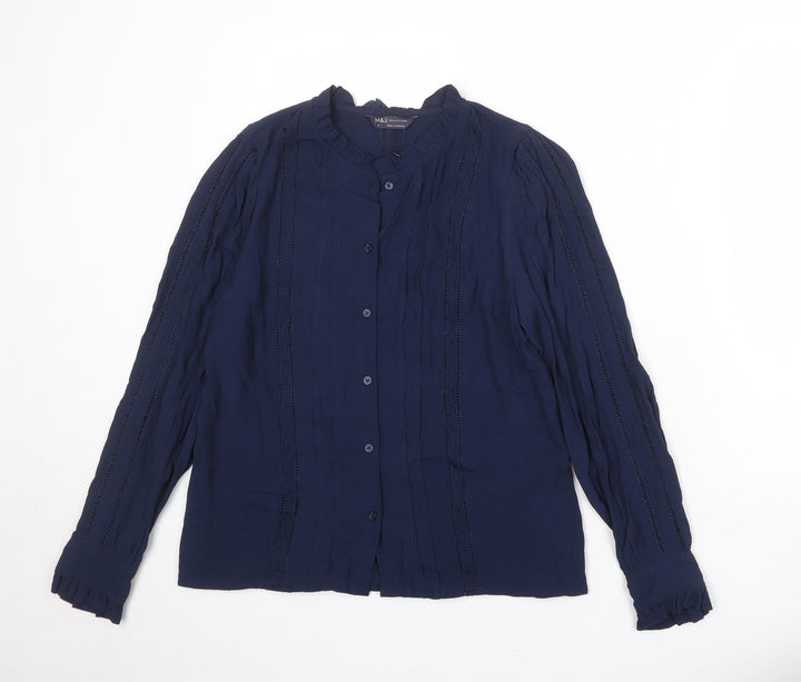Marks and Spencer Womens Blue Viscose Basic Button-Up Size 10 Round Neck
