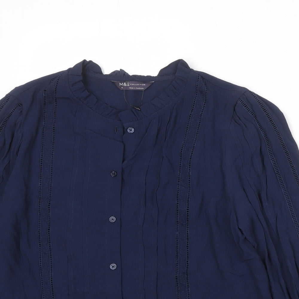 Marks and Spencer Womens Blue Viscose Basic Button-Up Size 10 Round Neck