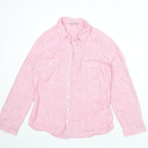 Marks and Spencer Womens Pink Striped Linen Basic Button-Up Size 14 Collared