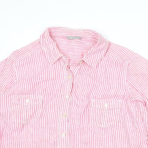 Marks and Spencer Womens Pink Striped Linen Basic Button-Up Size 14 Collared