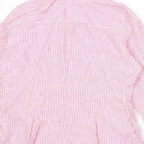 Marks and Spencer Womens Pink Striped Linen Basic Button-Up Size 14 Collared
