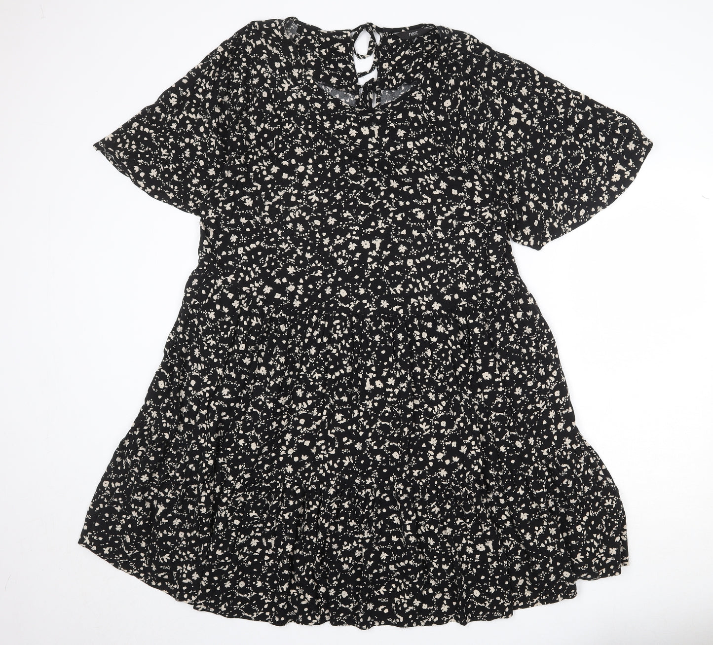 NEXT Womens Black Floral Viscose A-Line Size 18 Round Neck Tie