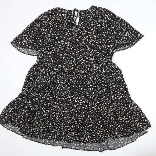 NEXT Womens Black Floral Viscose A-Line Size 18 Round Neck Tie