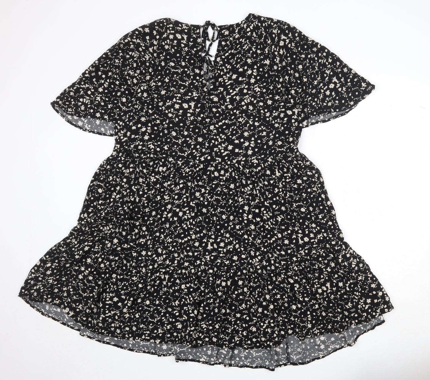 NEXT Womens Black Floral Viscose A-Line Size 18 Round Neck Tie