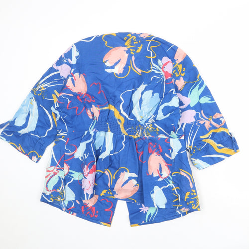 Monsoon Womens Blue Floral Linen Basic Blouse Size 12 V-Neck