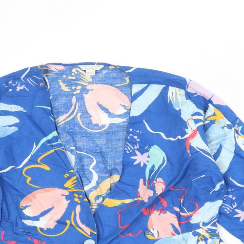 Monsoon Womens Blue Floral Linen Basic Blouse Size 12 V-Neck