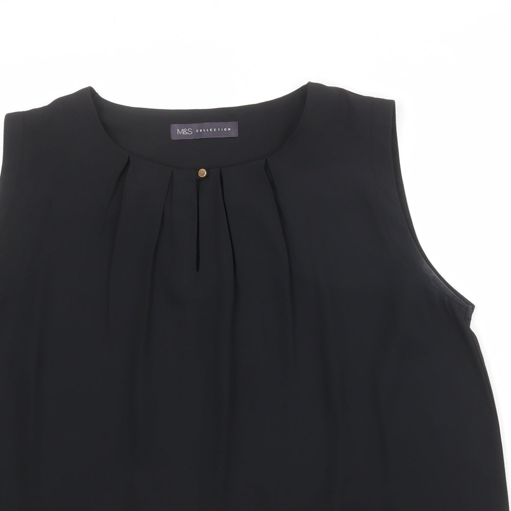 Marks and Spencer Womens Black Polyester Basic Blouse Size 14 Boat Neck - Front Pleat Detail