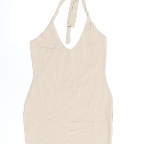 PRETTYLITTLETHING Womens Beige Cotton Shift Size 8 Halter Tie - Open Back