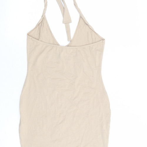 PRETTYLITTLETHING Womens Beige Cotton Shift Size 8 Halter Tie - Open Back
