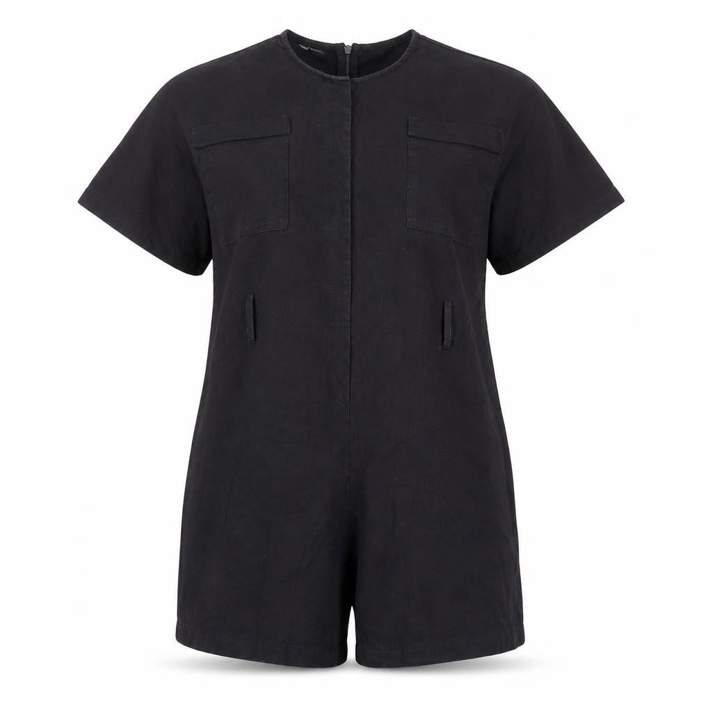 Front view of PRETTYLITTLETHING women’s black 100% cotton playsuit one-piece, size UK 8, zip