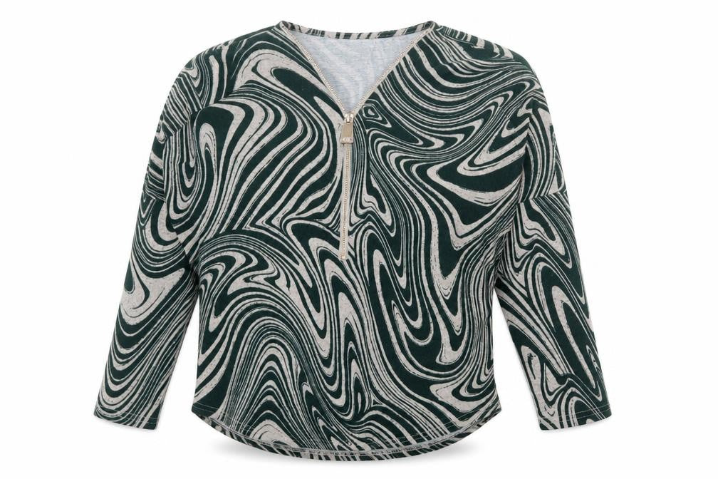 Front view of Stella Morgan women’s grey v-neck geometric polyester jumper, size UK 12, - marble print zip