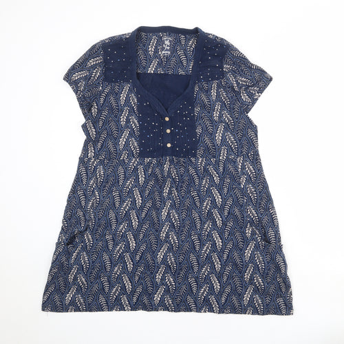 MANTARAY PRODUCTS Womens Blue Geometric 100% Cotton Basic Blouse Size 16 V-Neck