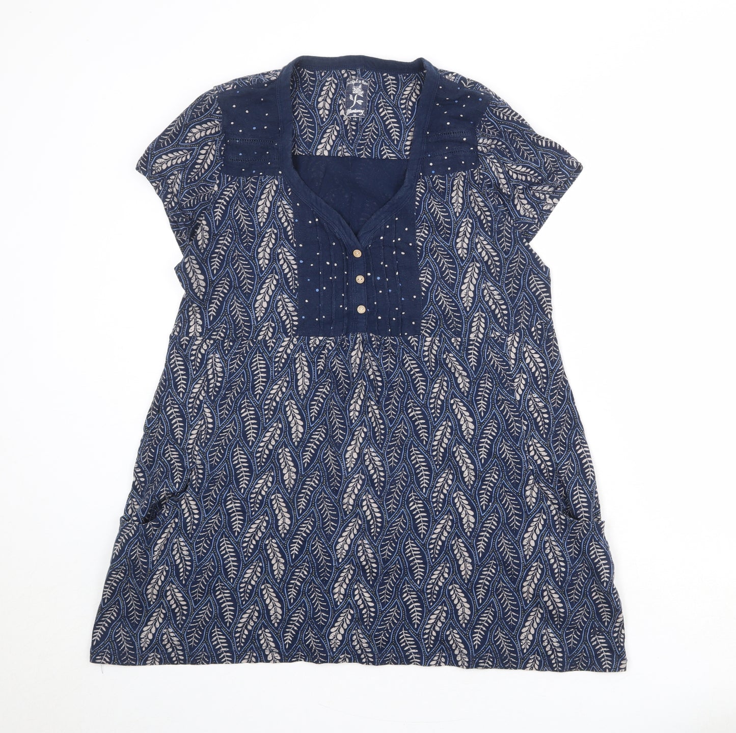 MANTARAY PRODUCTS Womens Blue Geometric 100% Cotton Basic Blouse Size 16 V-Neck