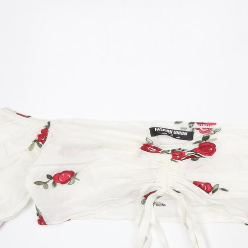 Fashion Union Womens White Floral 100% Cotton Cropped Blouse Size 8 Off the Shoulder