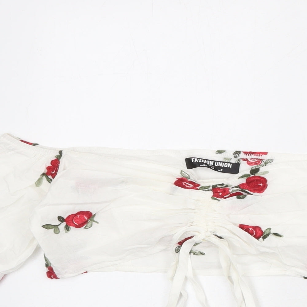 Fashion Union Womens White Floral 100% Cotton Cropped Blouse Size 8 Off the Shoulder
