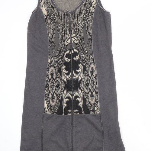 Crisca Womens Grey Geometric Polyester Shift Size S Round Neck Zip