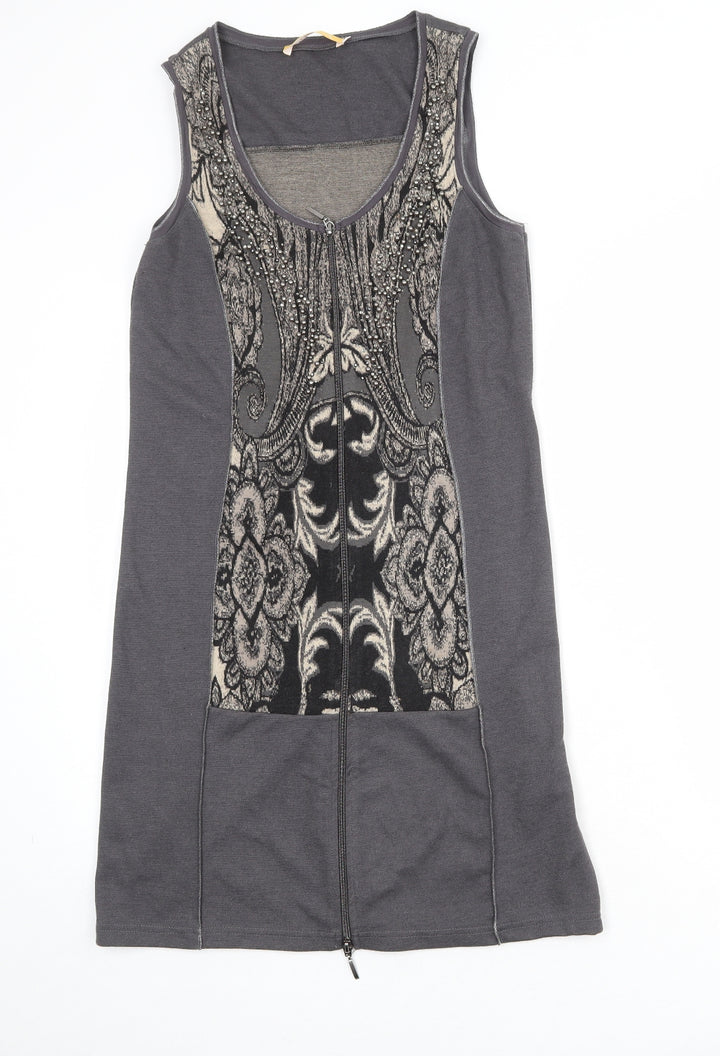 Crisca Womens Grey Geometric Polyester Shift Size S Round Neck Zip