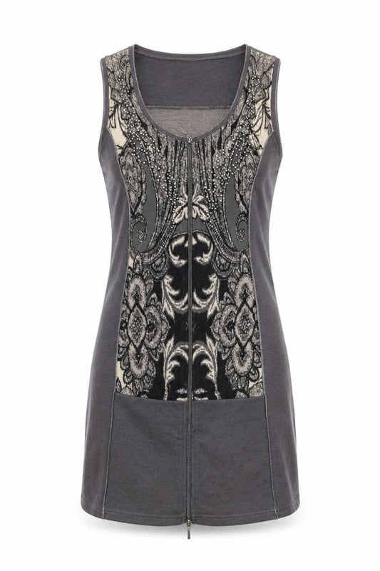 Front view of Crisca women’s grey geometric polyester shift, size S, round neck zip