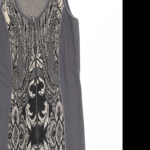 Crisca Womens Grey Geometric Polyester Shift Size S Round Neck Zip