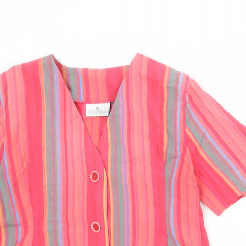 Original Womens Multicoloured Striped 100% Cotton Basic Button-Up Size 14 V-Neck