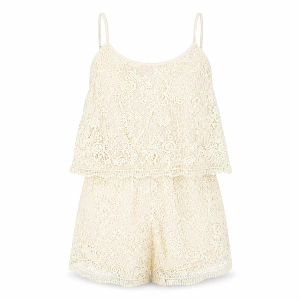 Front view of Rebel women’s beige floral polyester playsuit one-piece, size M, pullover