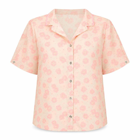 Front view of River Island women’s beige floral polyester basic button-up, size UK 6, collared