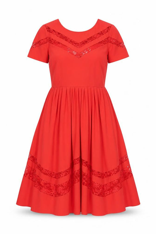 Front view of ASOS women’s red polyester a-line, size UK 10, round neck zip - lace details