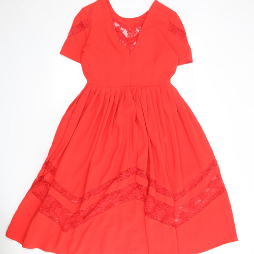 ASOS Womens Red Polyester A-Line Size 10 Round Neck Zip - Lace Details