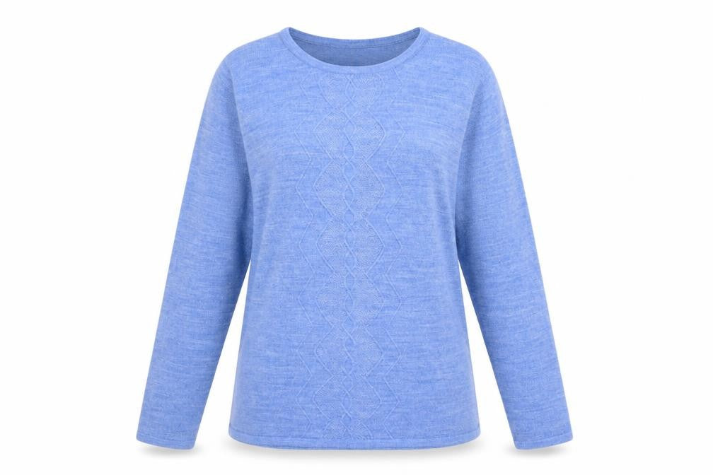 Front view of Classics women’s blue round neck acrylic jumper, size UK 12