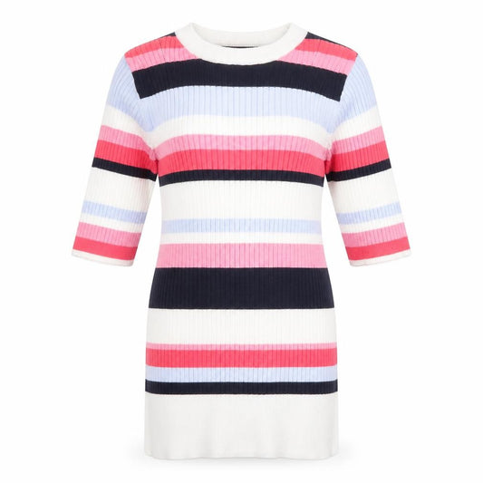 Front view of Marks & Spencer women’s multicoloured round neck striped viscose jumper, size UK 8