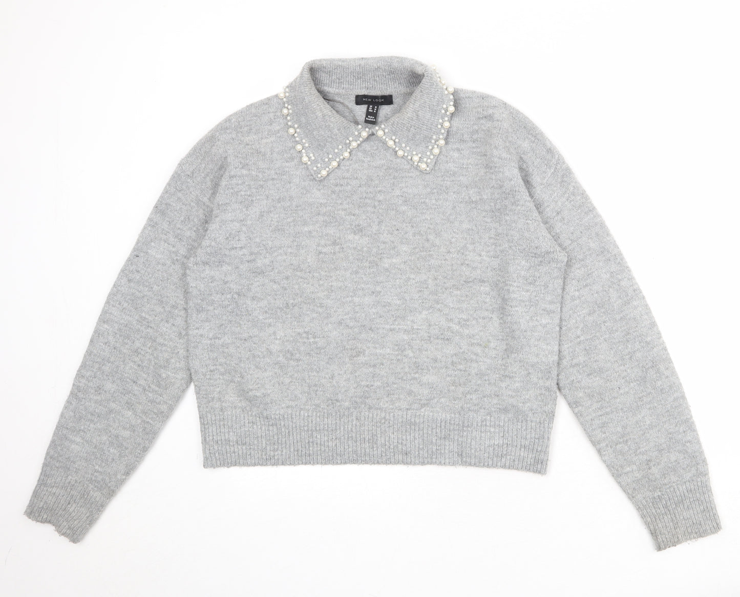 New Look Womens Grey Collared Acrylic Pullover Jumper Size M