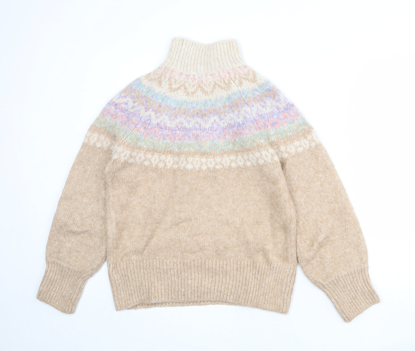 Marks and Spencer Womens Beige High Neck Geometric Acrylic Pullover Jumper Size S