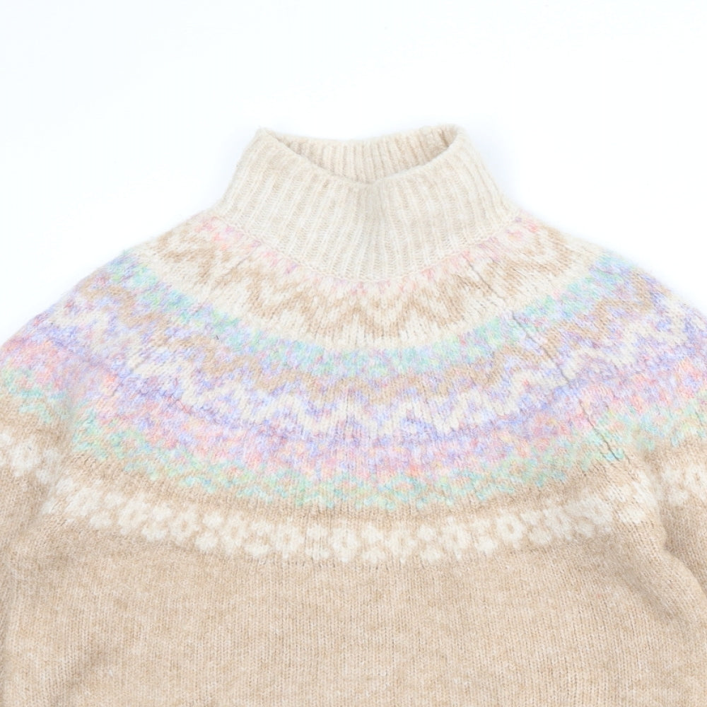 Marks and Spencer Womens Beige High Neck Geometric Acrylic Pullover Jumper Size S