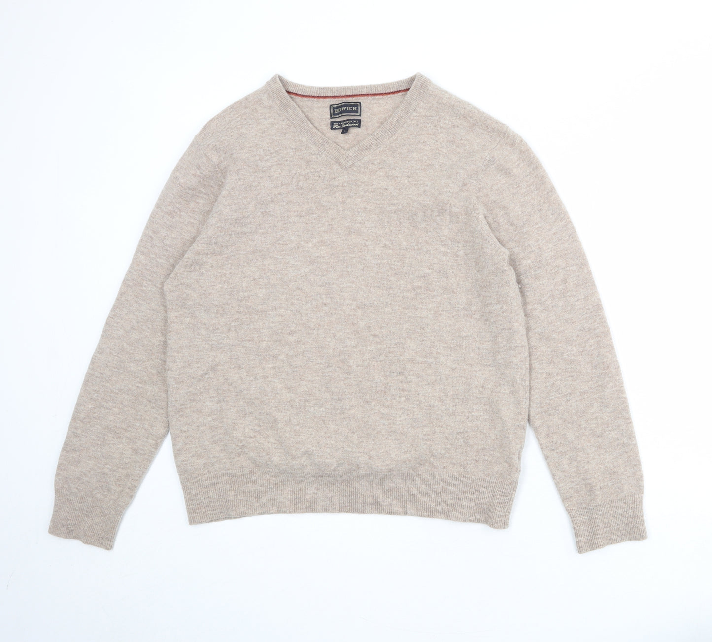 Howick Mens Beige V-Neck Wool Pullover Jumper Size L Long Sleeve