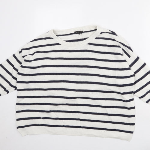 Mango Womens White Round Neck Striped Acrylic Pullover Jumper Size M