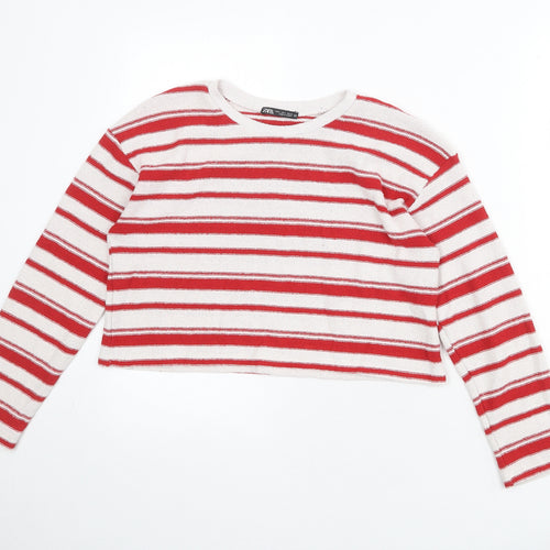 Zara Womens White Round Neck Striped Acrylic Pullover Jumper Size S