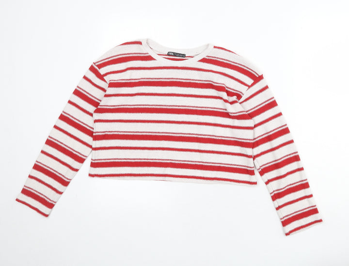 Zara Womens White Round Neck Striped Acrylic Pullover Jumper Size S