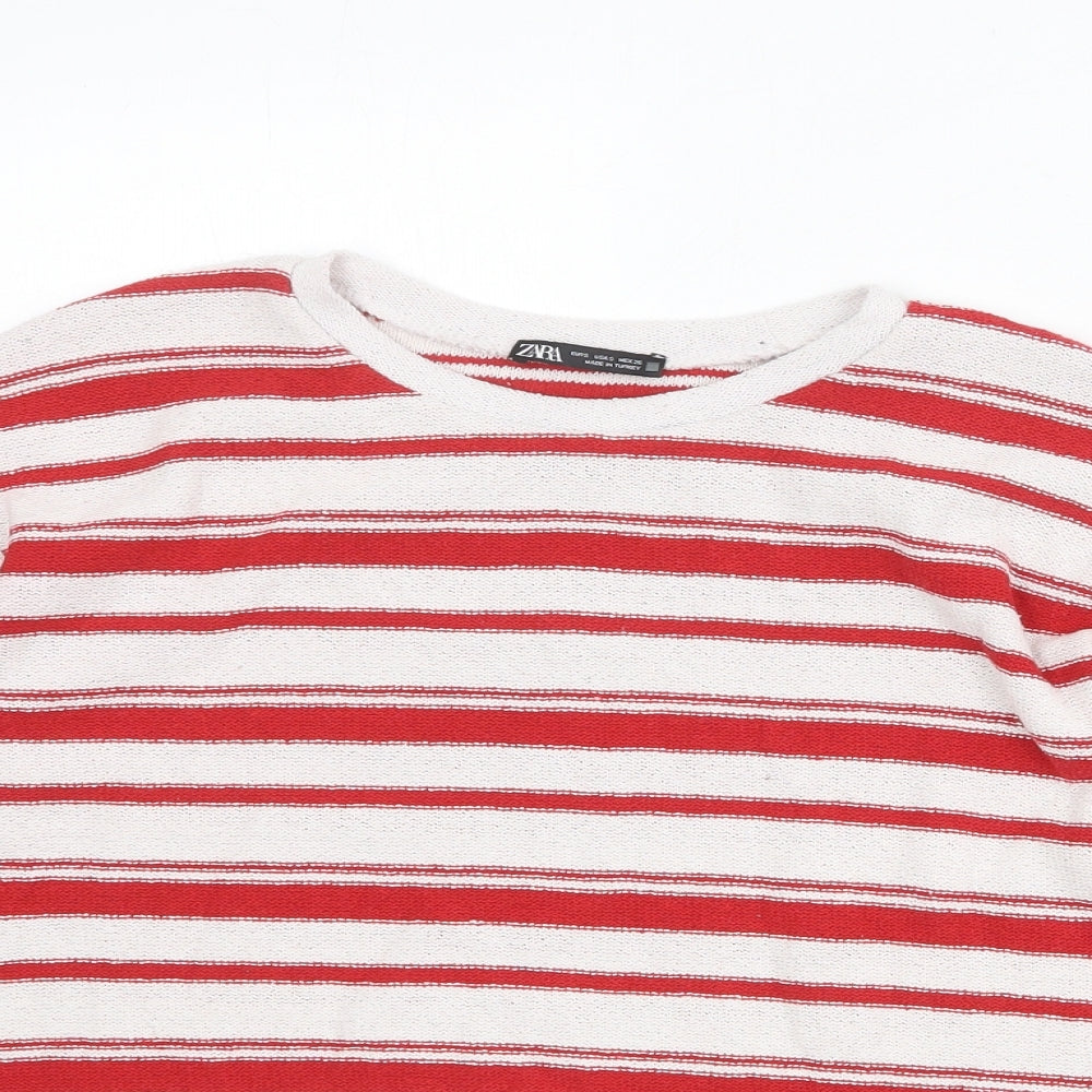 Zara Womens White Round Neck Striped Acrylic Pullover Jumper Size S