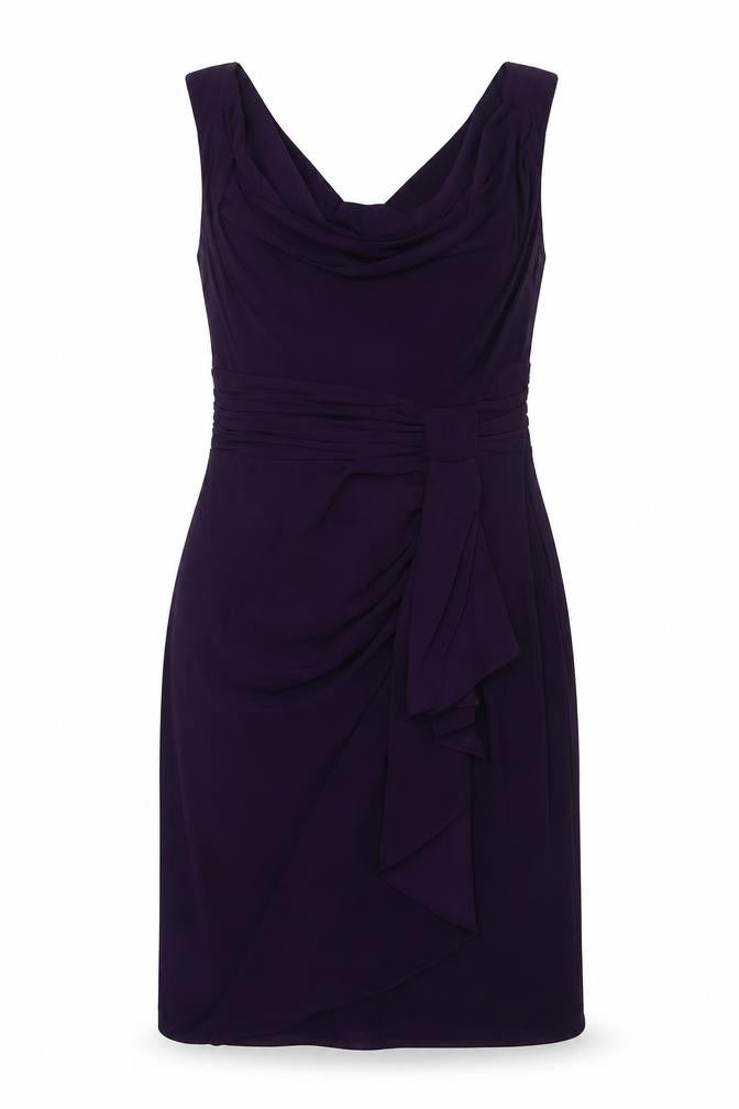 Front view of Scarlett Nite women’s purple polyester a-line, size UK 10, cowl neck zip