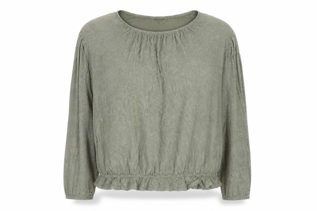 Front view of M&Co women’s green geometric viscose basic blouse, size UK 12, boat neck